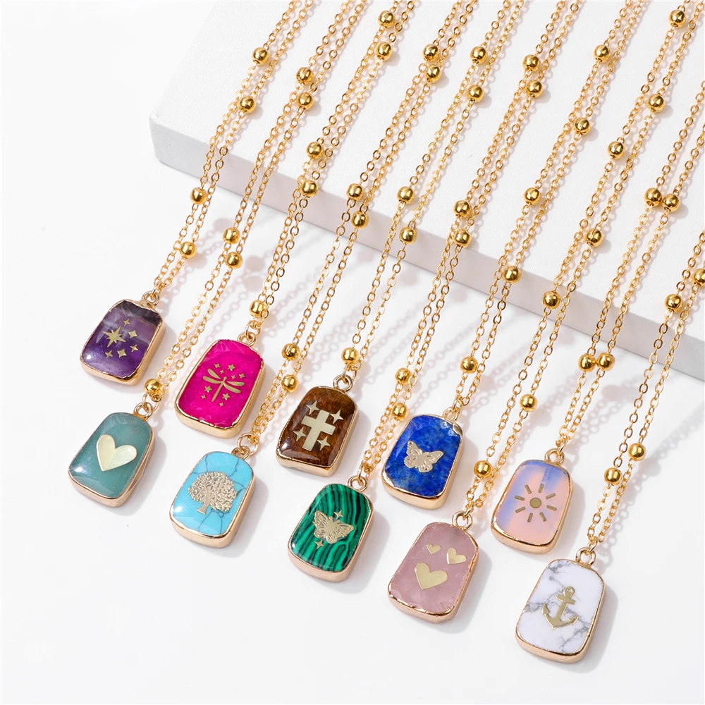 

Square Natural Stone Charm Necklace Plated Gold Patterns Cross Butterfly Heart Star Quartzs Pendant Necklaces For Women Men Gift