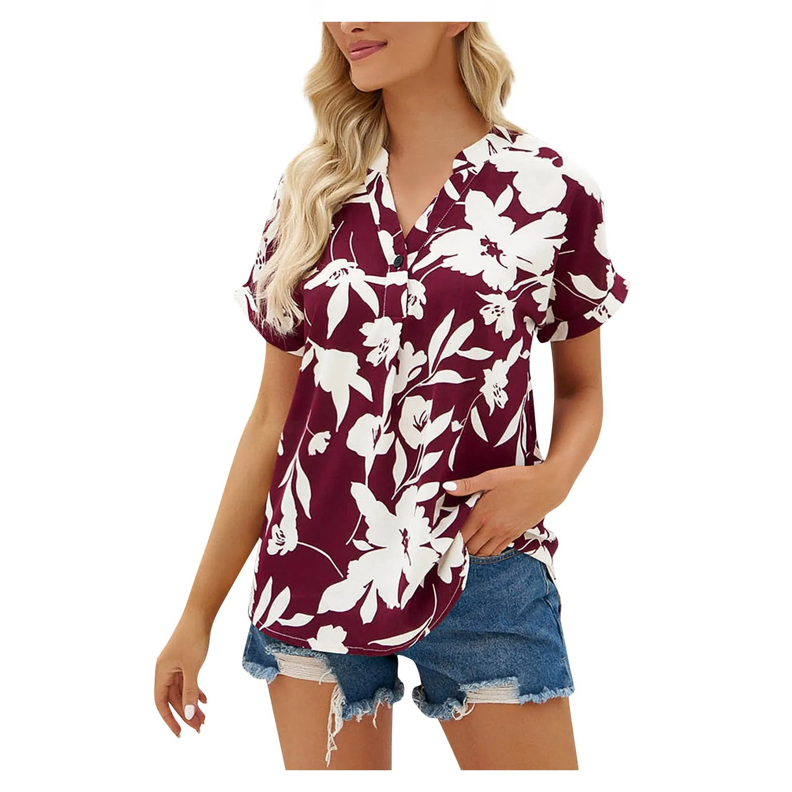 

Ladies Loose Printed Short Sleeve V Neck Button Chiffon Shirt топ женский 반팔티 Crop Top Y2k Style Women 2023 Women'S T-Shirt
