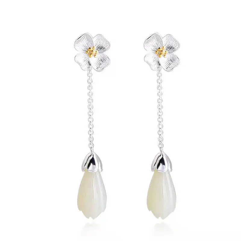 

Серьги в виде цветка магнолии, женские длинные серьги, тонкие серьги с нефритовым камнем для демонстрации лица, характерные серьги, женские серьги