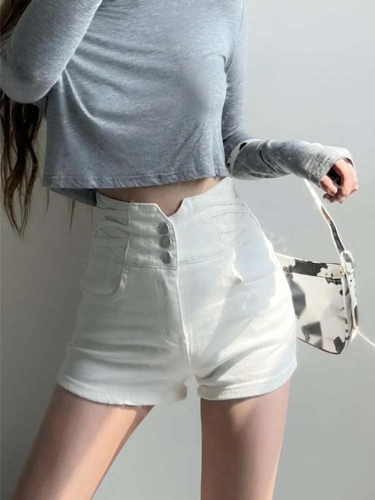 

Denim Sweet High Waist Abdomen Wide Leg Shorts Summer Solid Color Thin Section Three Buttons Sexy Women's Clothing T2AM