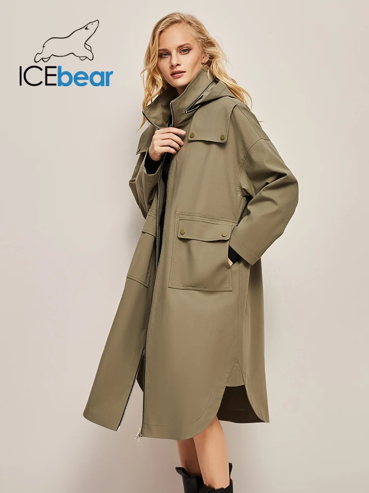 

ICEbear 2022 осень новая ветровка прямого силуэта женская свободная длинная куртка с капюшоном 2F6170