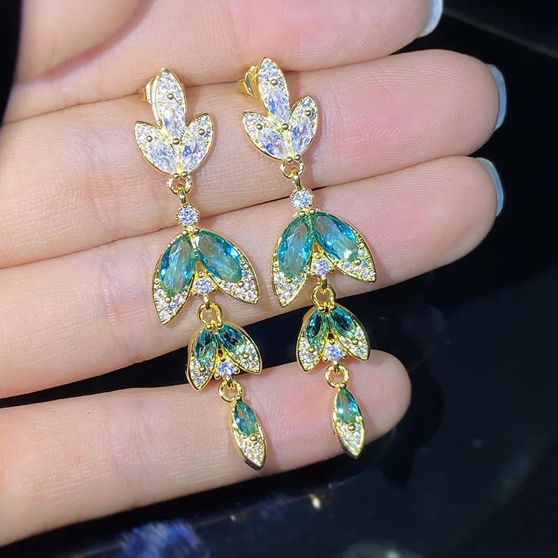 

European and American Retro Inlaid Zircon Lake Green Gemstone Leaves Long Tassel Earrings Feminine Earrings