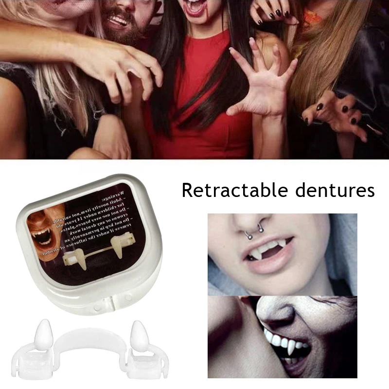 

1Pair Vampire Fangs Teeth Retractable Dentures Props Halloween Costume Props False Teeth Solid Glue Denture Adhesive Party Decor