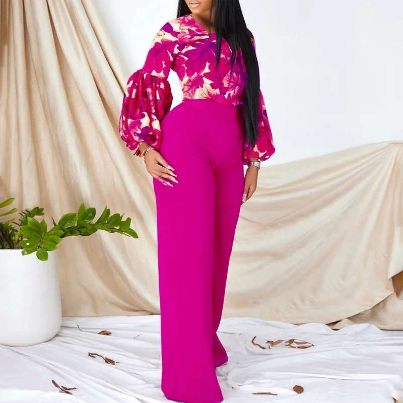 2 Pieces Women's Sets Summer Autumn Flower Print Blouse Shirt Suit Tops And Pants Suits Dashiki African Set Tracksuit Outfit