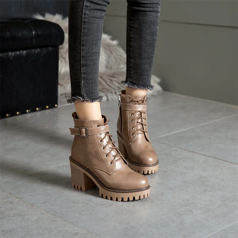 Plus Size 34-43 Ankle Boots Women 2022 Winter Warm Shoes 8cm High Heel Office Lace Up Buckle Platform Leather Shoes Short Boots