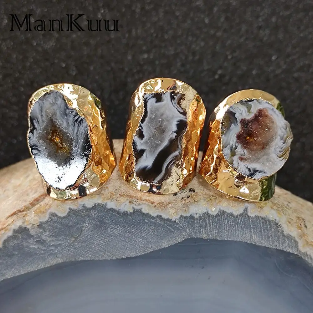 

Mankuu Позолоченные нестандартные кольца из натурального бразильского агата, друза, кварца, драгоценные камни, очаровательные ювелирные изде...