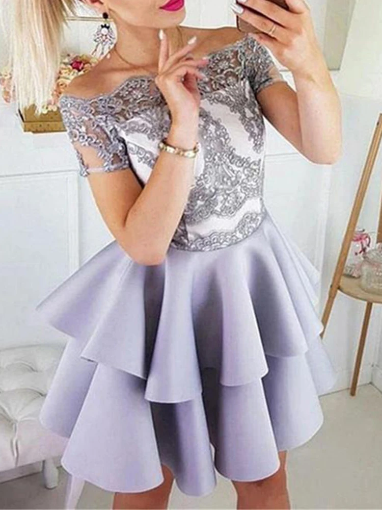 

2022 элегантное платье для встречи выпускников с открытыми плечами с короткими рукавами и аппликацией вечернее платье для вечеринок с оборка...