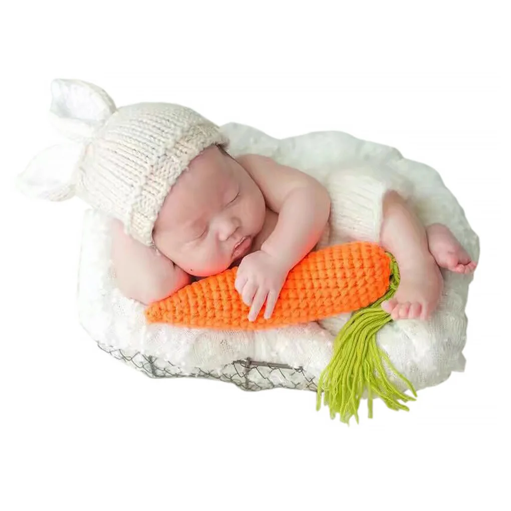 

Baby Photography Prop Newborn Romper Cap Kit Infant Jumpsuit Photo Shooting Props Knitting Pant Hat Radish Shooting Costume