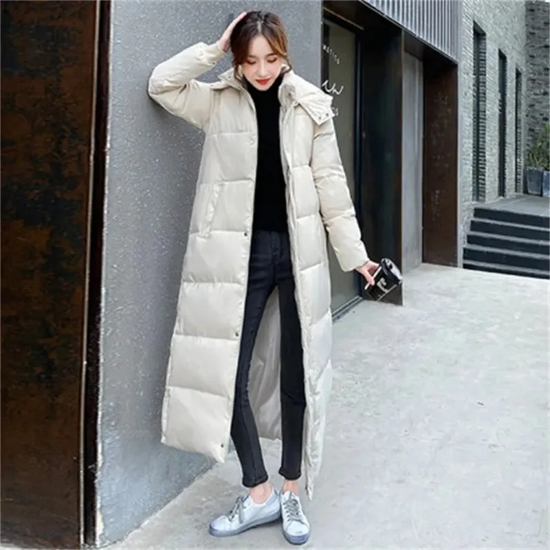 

New Down Cotton Padded Female Coat Parkas Loose Hooded Super Long Pure Simple Winter Jacket Women Clothes Warm Outerwear
