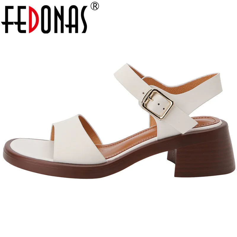 

FEDONAS Office Ladies Casual Women Sandals Vintage Concise Genuine Leather Pumps Chunk High Heels Summer Peep Toe Shoes Woman