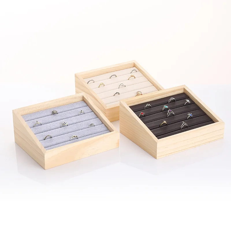 Fashion Bamboo Velvet Jewelry Display Tray Ring Box Earring Necklace Bracelet Pendant Display Organizer Jewelry Storage