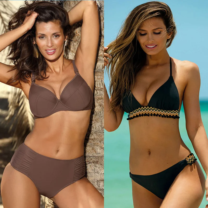 

Rinabe Newest Push Up Bikini Female Ruffle Swimsuit Solid Bikini Set Bathing Suit Women Swimwear V Neck Biquini Bechwear Bikinis