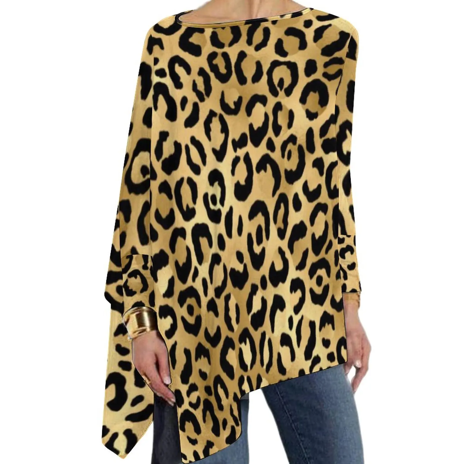 

Black Gold Leopard Print T Shirt Cheetah Animal Aesthetic Long Sleeve T-Shirts Ladies Casual Loose Tee Shirt Big Size Tees