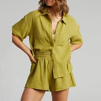 fashion shorts two piece set women 2022 yellow shirt suit casual loose short sleeved single breasted clothing spring summer