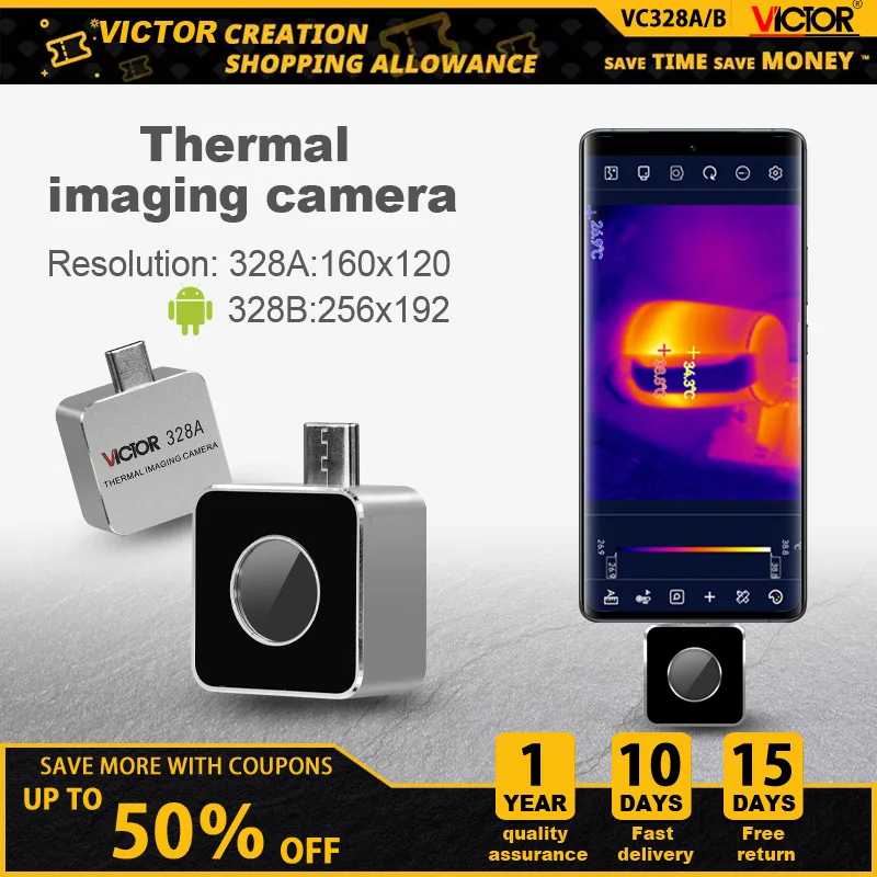

Мобильная тепловая камера VICTOR VC328A/B для телефона Android, IP65, промышленный осмотр, обнаружение потери тепла, инфракрасный тепловизор