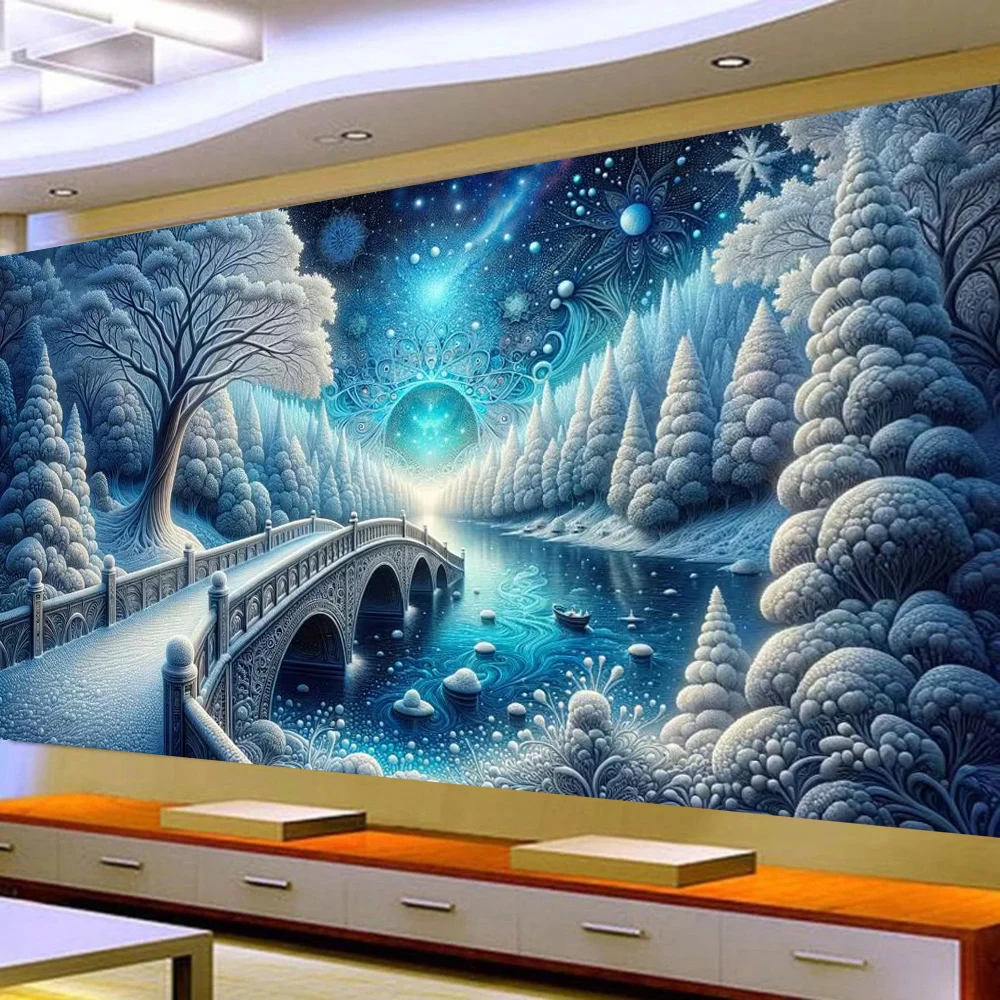 Мост Белоснежка Дерево и Красивое Голубое Ледяное Озеро DIY Алмазная Картина