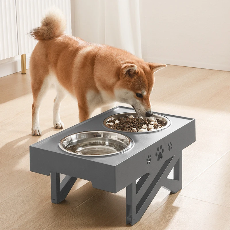 

2021 New Anti-Slip Elevated Double Dog Bowls Adjustable Height Pet Feeding Dish Feeder Stainless Steel Water Food Container