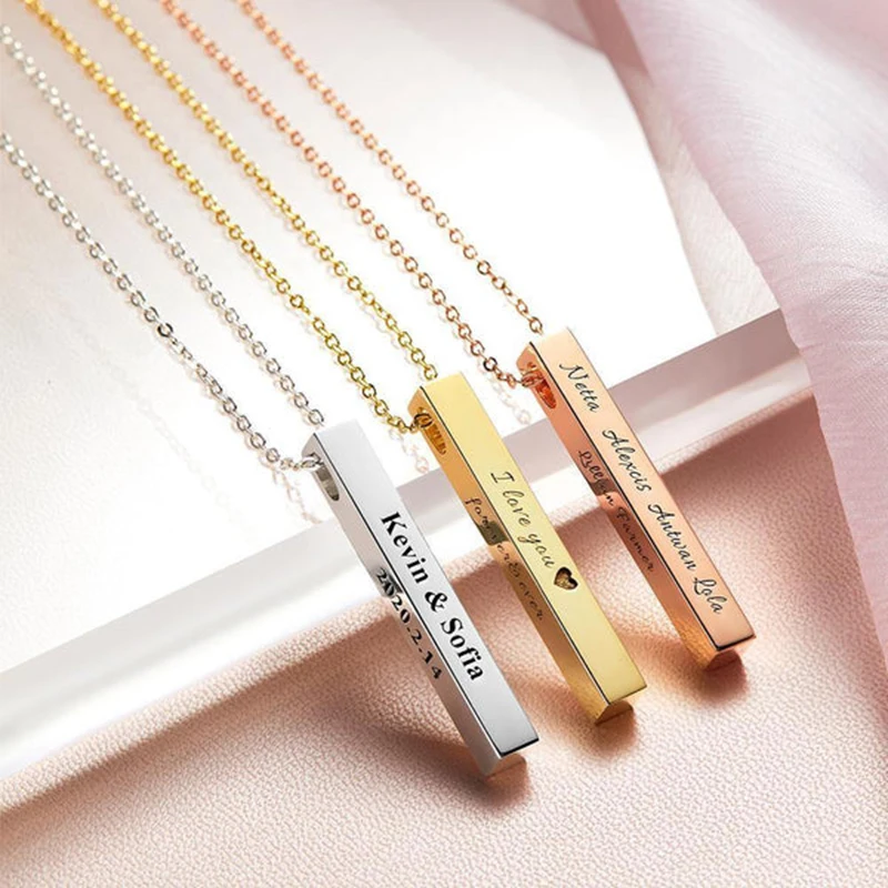 

NOKMIT Custom Vertical Bar Necklace Stainless Steel 4 Sided Vertical Personalized Name Plate Necklace Engraved Gifts for Husband