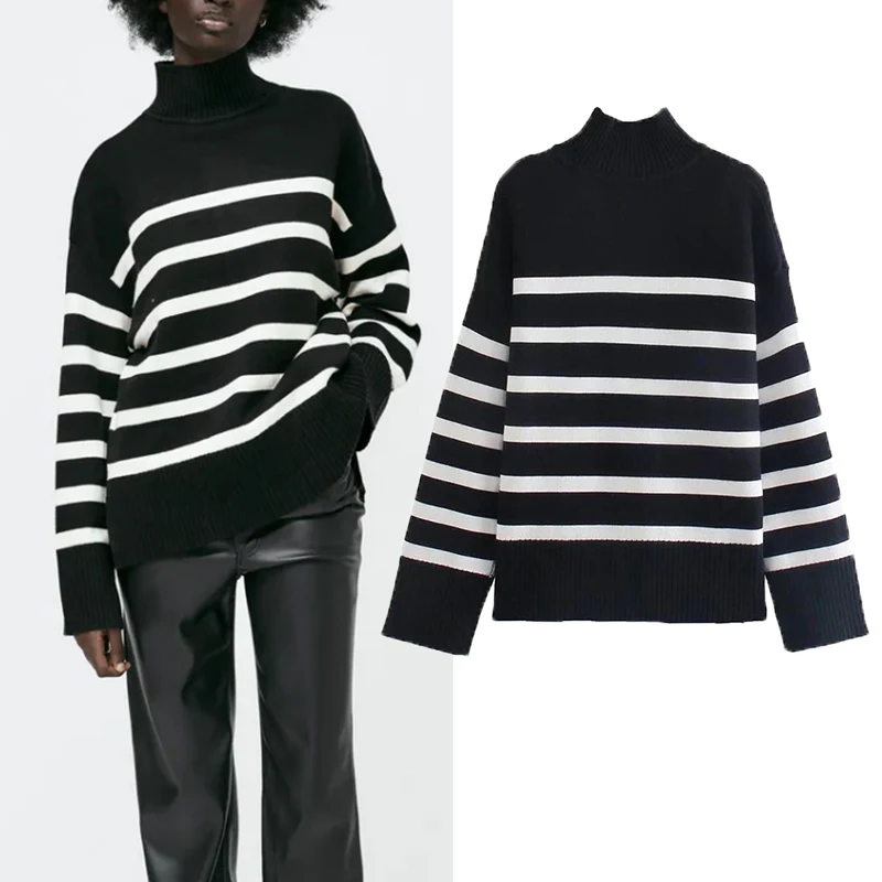 

Fashion elegant high neck loose striped black women Sweater pullover 2021 Autumn new Sweater streetyouth women Sweater