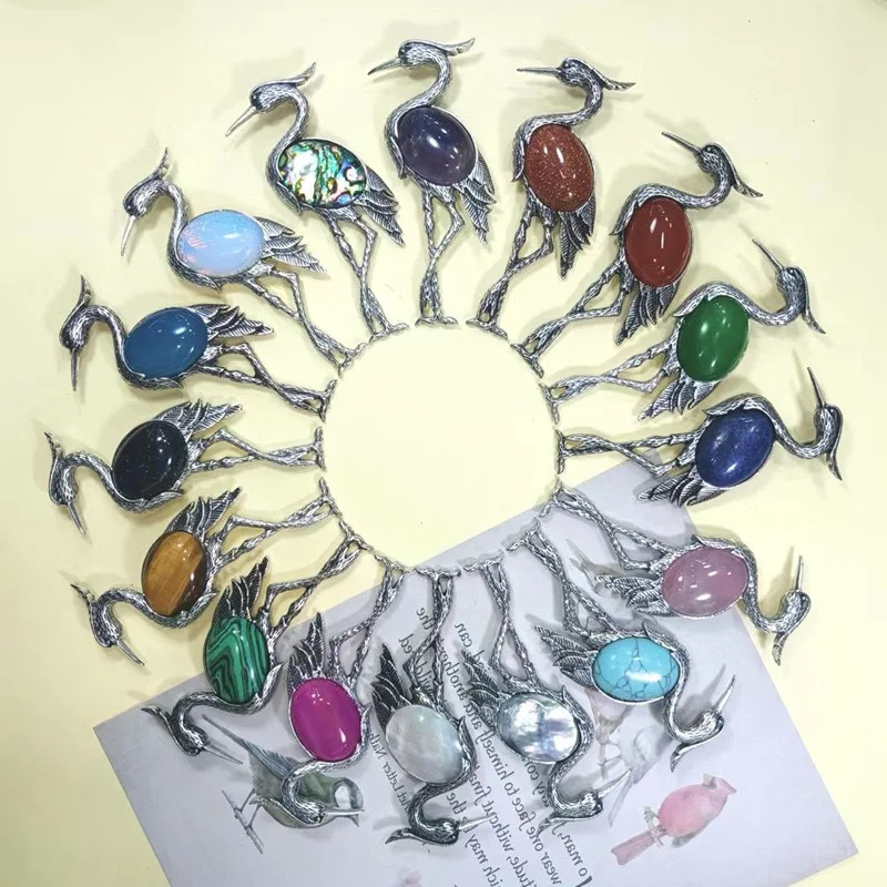 

Natural Inlaid Shell Stone Brooch Red-crowned Crane Shape Brooch Pendant Dual-use for Women Charm Jewelry Party Accessories