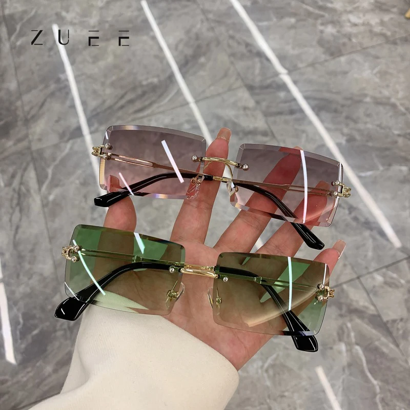 

Vintage Fashion 2022 New Sunglasses Rimless Frameless Rectangle Shades Gradient UV400 Summer Traveling Sun Glasses for Women
