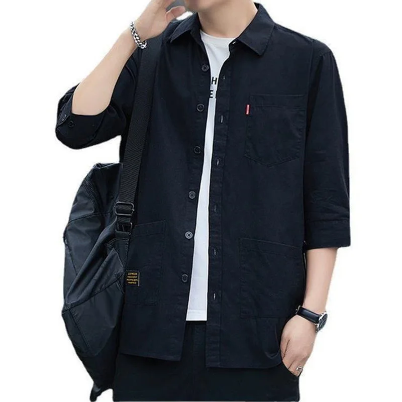 

Fashion Three Quarter Sleeves Men's Solid Shirts For Man With Pockets Casual Shirt