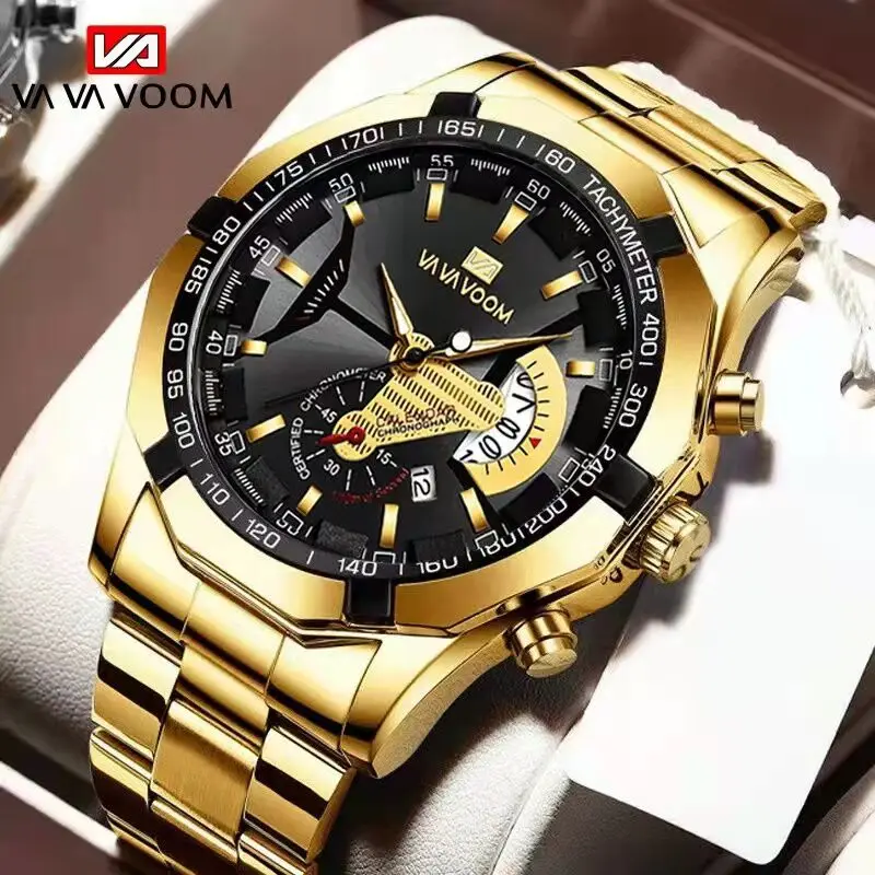 

VAVA VOOM New Men Sports Stainless Steel Watches Luxury Luminous Waterproof Calendar Quartz Men's Watches Relogio Masculino gold