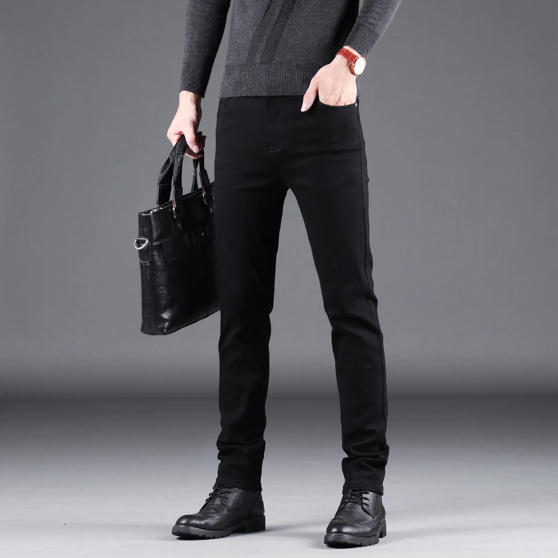 Men's Cotton Jeans Denim Pants New Business Casual Elasticity Oversized Classic Style Trousers Clothing Male Black  Pants