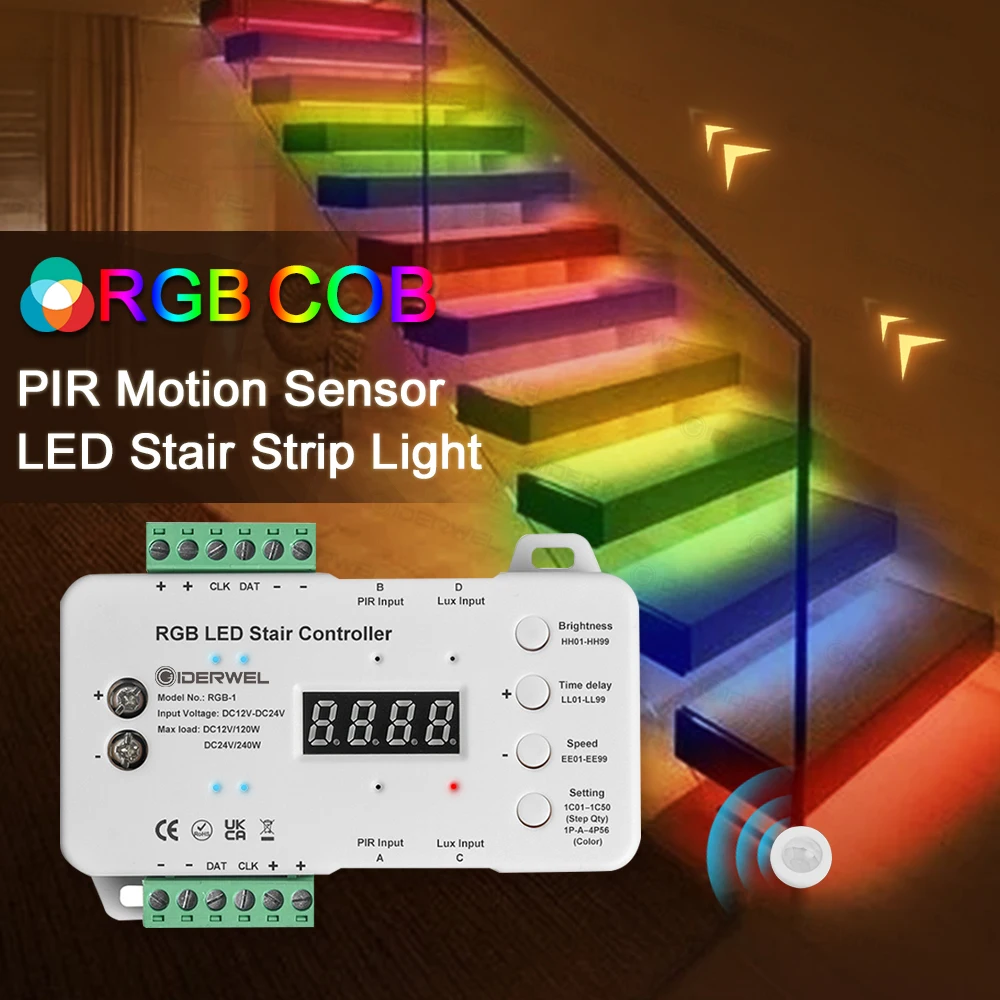 PIR Motion Sensor RGB COB Stair Light Strip DC24V LED Dimming Daylight Sensor Easy Connect & Installation Staircase Decorative