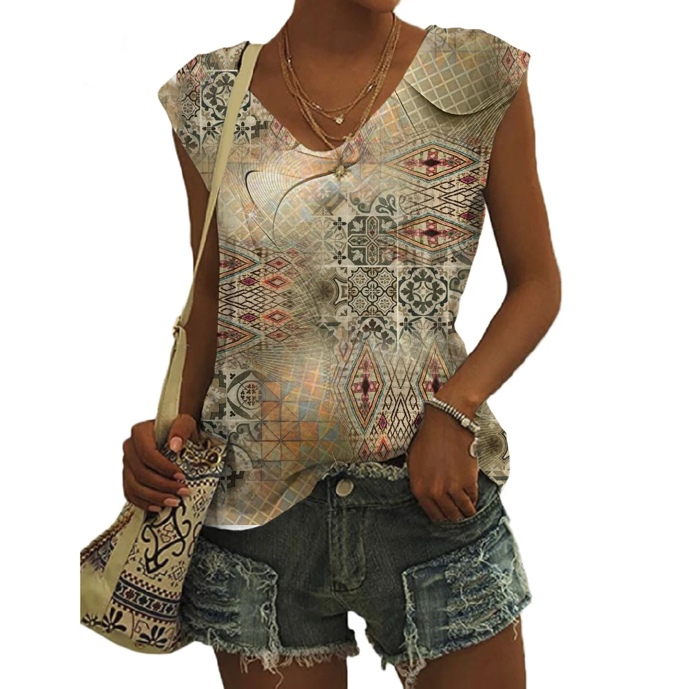 

Women Y2k Streetwear Vest Oversized V-neck Off Shoulder Sleeveless Camisole Ethnic Style 3D Geometry Print Tank Tops