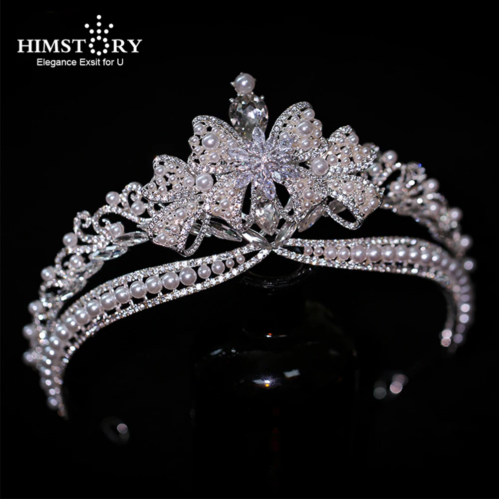 

HIMSTORY Fashionable Handmade Wedding Crown Baroque Rhinestone Pearl Crystal Headband Bowknot Hair Accessories