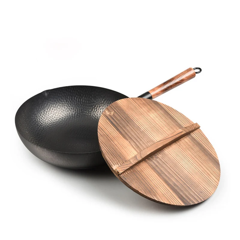 

32cm Chinese Traditional Handmade 100% Iron Wok Thickening Non Coated Round Bottom Pan Wok Cook Large Cooking Pot with Wood Lid