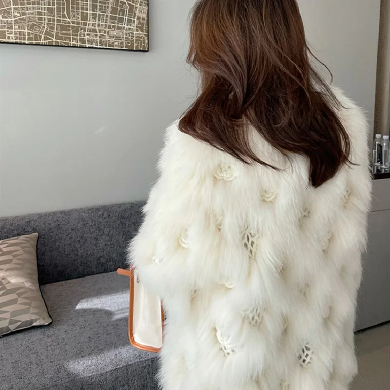 Fashion Winter Fox Fur Knitted Floral Coats Sweet Slim V Neck Sweater Handmade Crochet Elegant Women Long Sleeves Overcoats