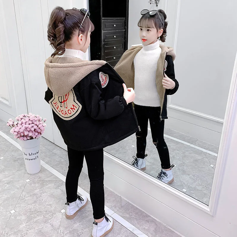 

Girls Coat Jacket Cotton Outwear Tops 2022 Hooded Warm Thicken Plus Velvet Winter Autumn Teenager Furs Sport Birthday Gift Child