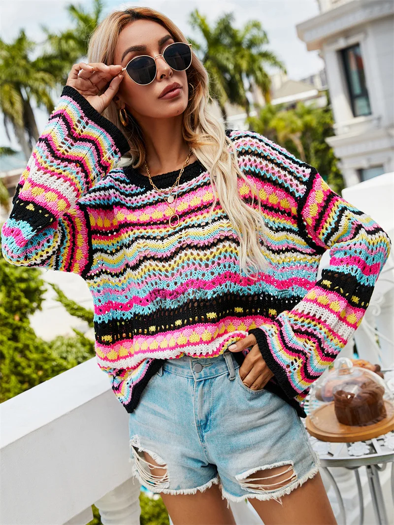 

2023 Autumn/Winter New European and American Splice Knitwear Loose Interlaced Foreign Trade Round Neck Striped Sweater for Women