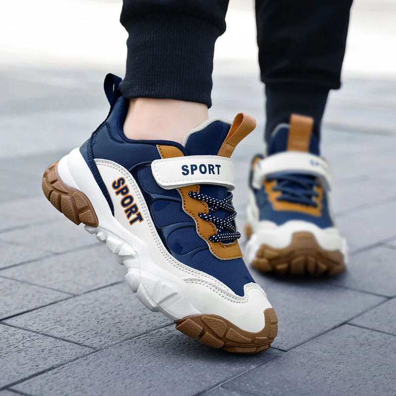 Children PU Breathable Sneakers 2022 Boys Girls Running Outdoor Sneakers Breathable Soft Bottom Kids Lace-up Jogging Shoes