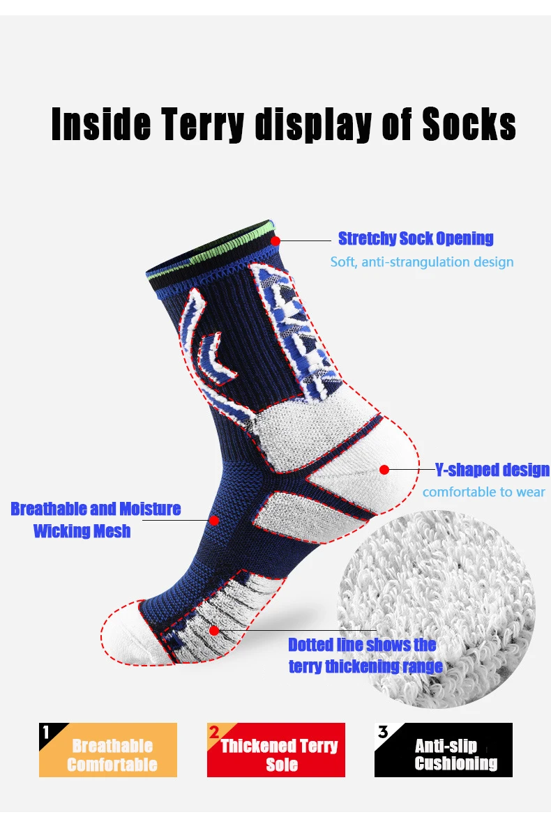 3PCS Men's Sports Basketball Socks Outdoor Soccer Running Trekking Cycling Breathable Sweat-Wicking Towel Soles Cushioned Socks