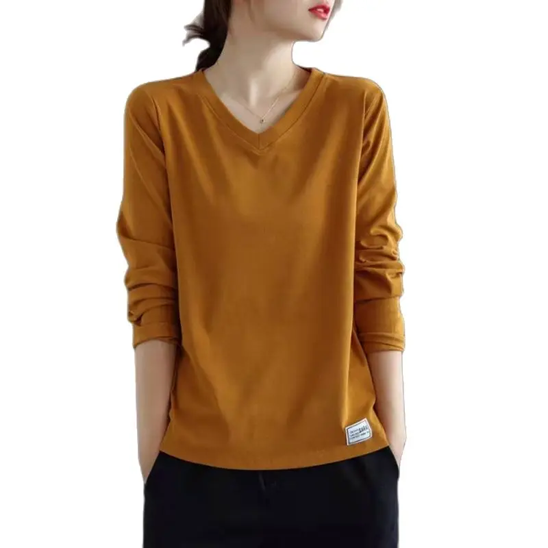 

2022 New V-neck Solid Color Versatile Long Sleeve T Shirt Women's Plus-size Loose Slimming Bottom Top Top Trend