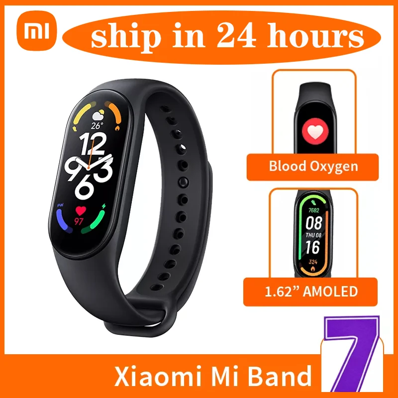 

Смарт-браслет Xiaomi Mi Band 7, водонепроницаемый фитнес-трекер с AMOLED экраном 6 цветов, с функцией измерения кислорода в крови, Bluetooth