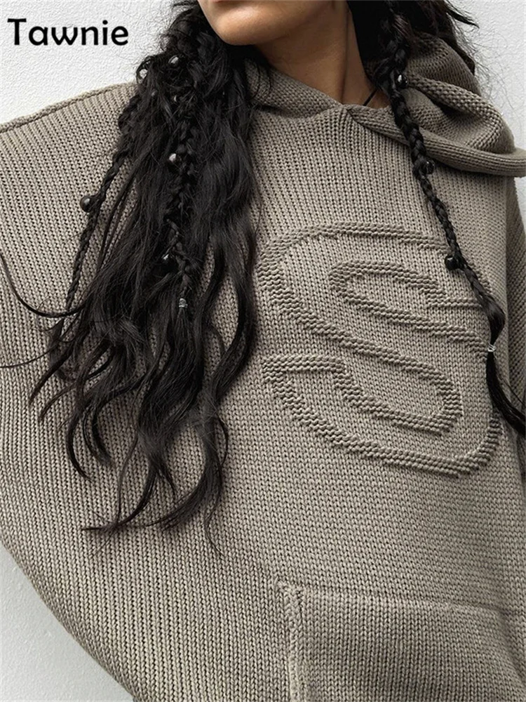 

Tawnie Casual Pullover Sweater Knit Letter Embroidery Hooded Long Sleeve Loose 2023 Autumn Winter Women's sweater Army Green