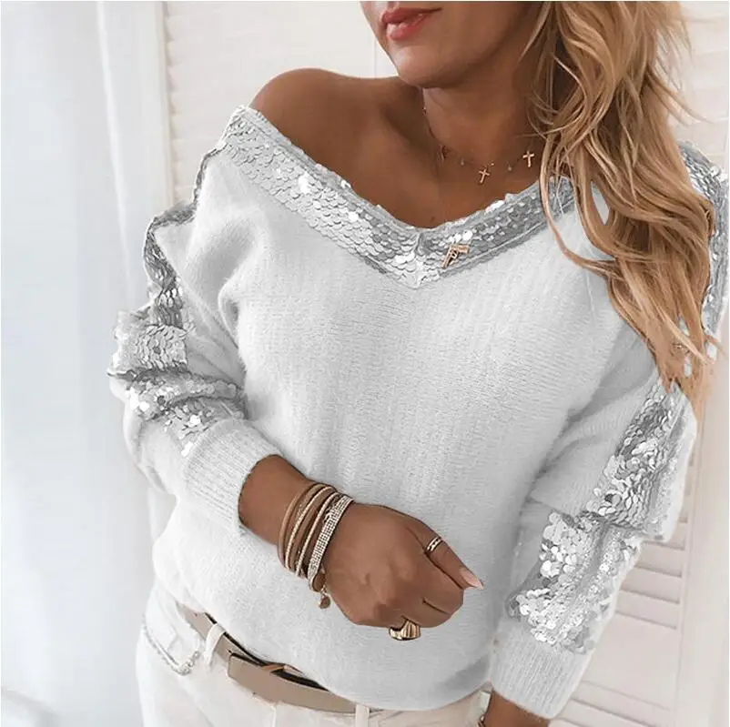 

Autumn Winter Elegant Off Shoulder V Neck Casual Women Long Sleeve Pullover Tops Vintage Sequin Patchwork Solid Knitted Sweaters