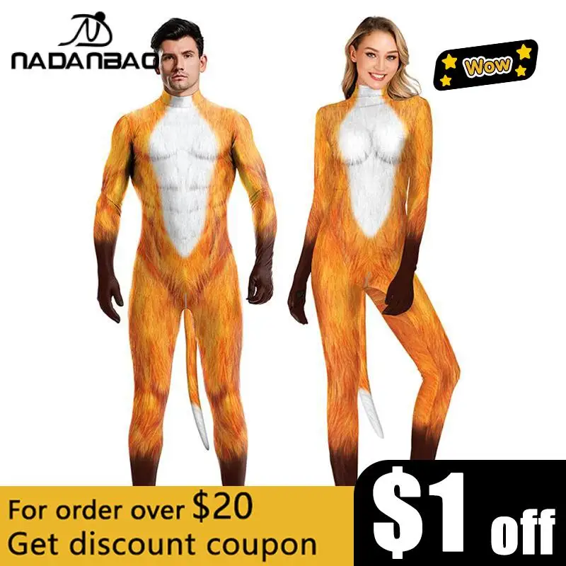 NADANBAO-Disfraz de zorro en 3D con cola para hombre y mujer, traje Sexy con estampado de Zentai, para Halloween