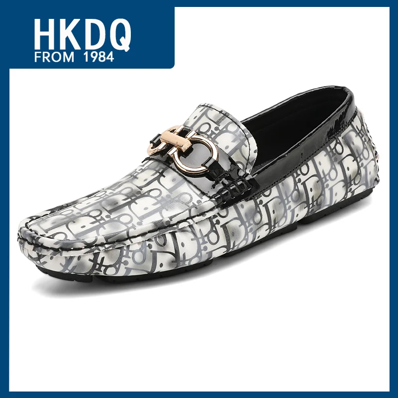 

HKDQ Printed Business Casual Leather Shoes Men Comfort Breathable Gentleman Men's Casual Shoes High Quality Trend Mens Loafers
