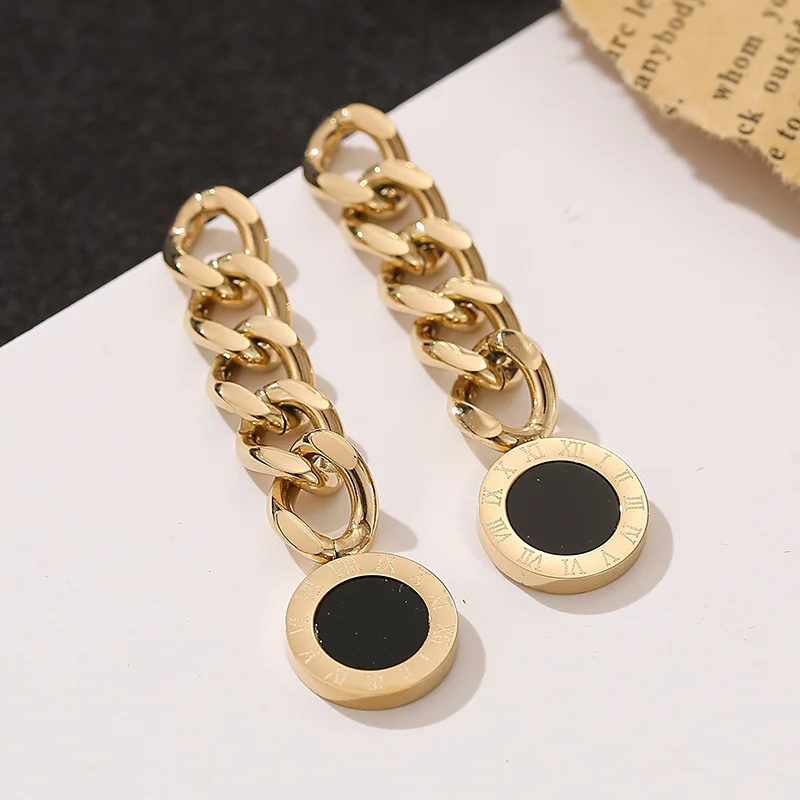 

New Stainless Steel Gold Color Thick Chain Black Round Dangle Earrings 2022 Trendy For Women New Fashion Gift Party Jewelry