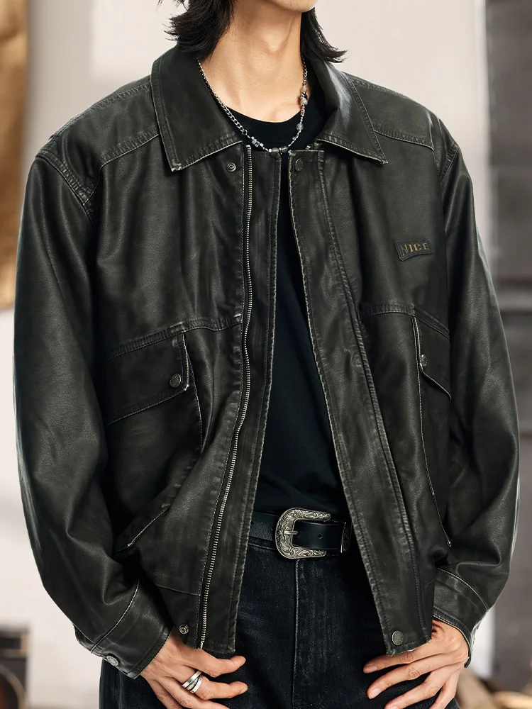 Модная черная повседневная кожаная куртка мужская осенняя устойчивая к пятнам