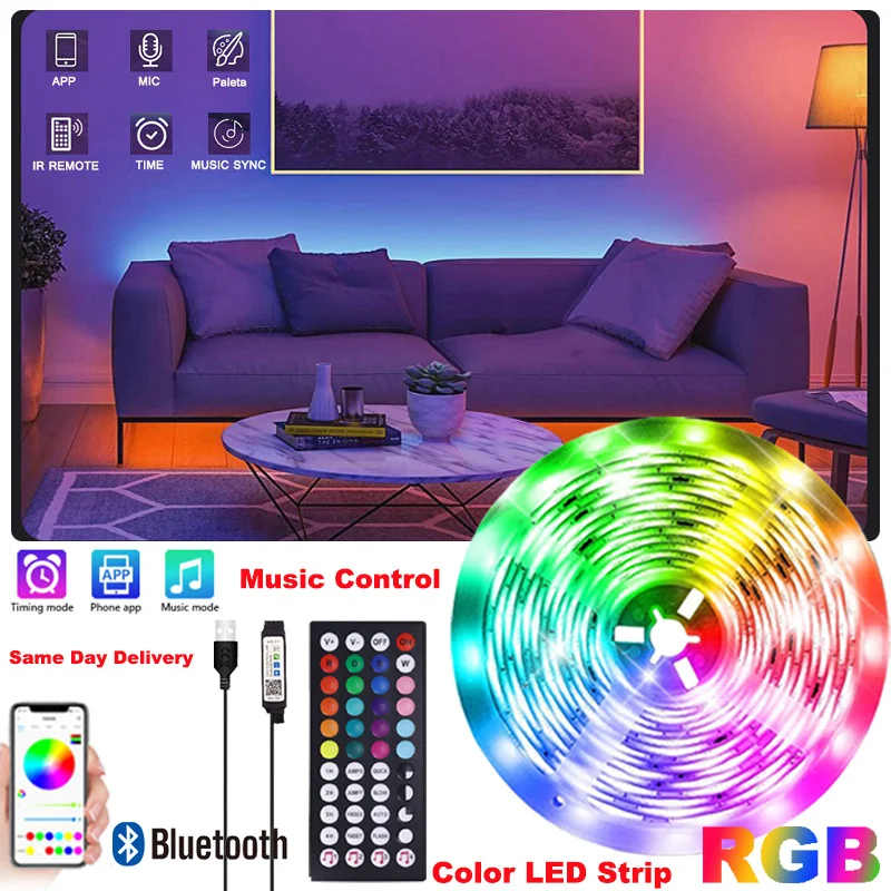 

SMD5050 Lights USB Room Decor Music Mode for TV Background Bluetooth LED Lights with 44 Keys Remote Tape for Bedroom Decoration
