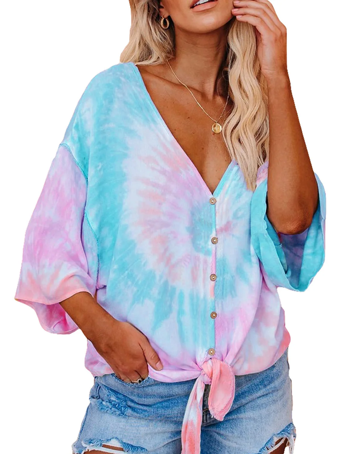 

The New 2022 Women's Tie-dye Printed Pull-over Tee With Seven-point Bat Sleeves