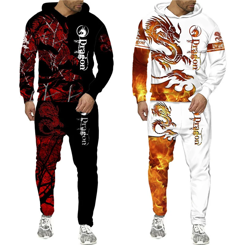 Мужской спортивный костюм с 3D-принтом летающего дракона толстовка капюшоном и
