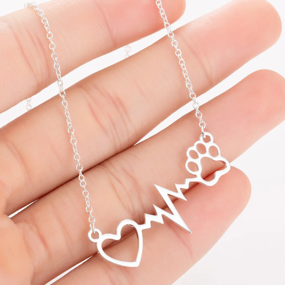 

TULX Stainless Steel Jewelry Cute Cat Dog Paw Footprint Pendant Necklace For Women Love Heart ECG Heartbeat Necklace Choker