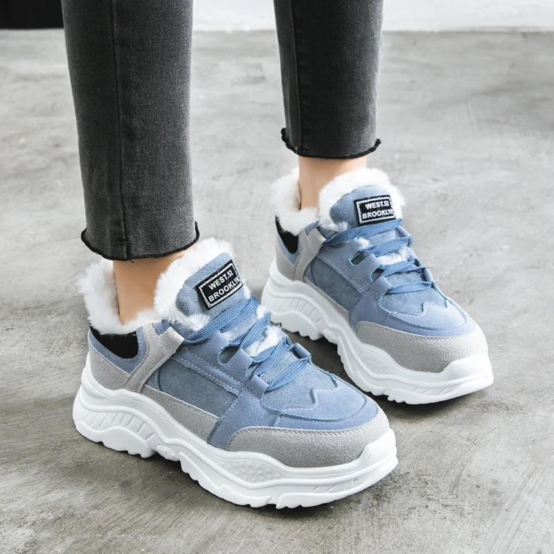 

New Women Sneakers Winter Blue Gray Plush Ladies Shoes Lace-up Warm Fur Thick Bottom Shoes Chunky Sneakers Shoes Women